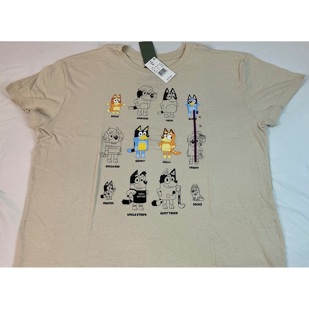 Bluey Characters Graphic T Shirt XL Tan Short Sleeve Cartoon TV Show‎ Tee